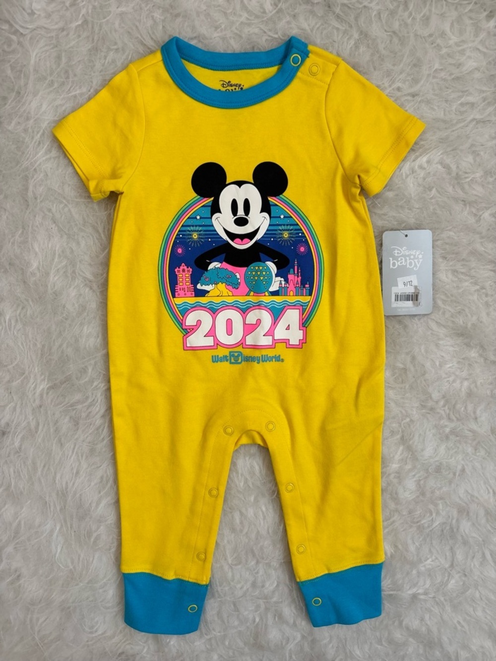 NWT Disney World Yellow Mickey 2024 One-Piece Romper with Blue Trim